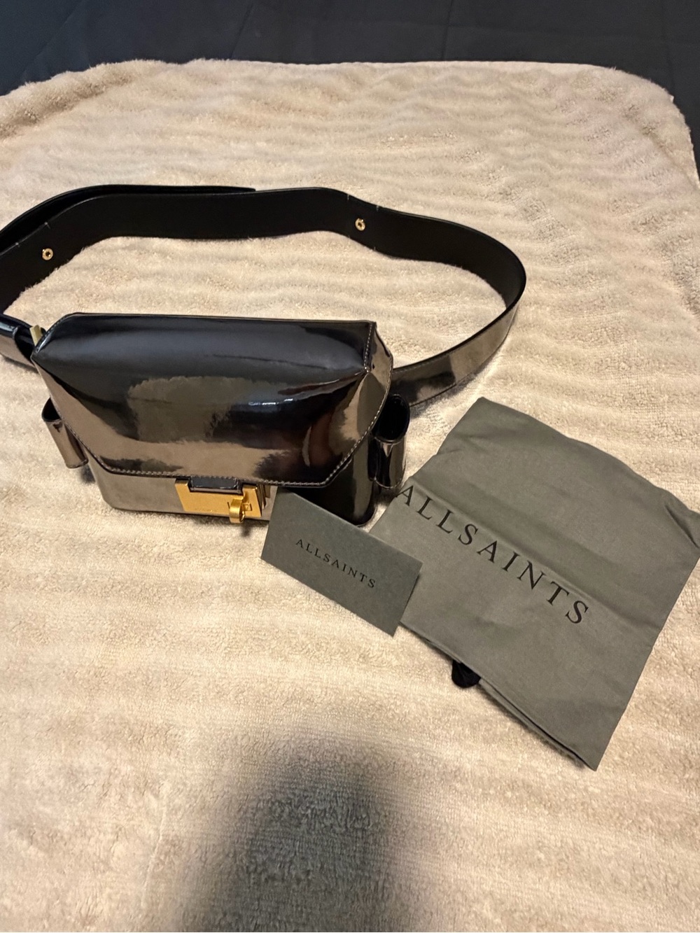 All Saints Shiny Silver Patent Leather Shoulder/Belt Bag with Gold Lock